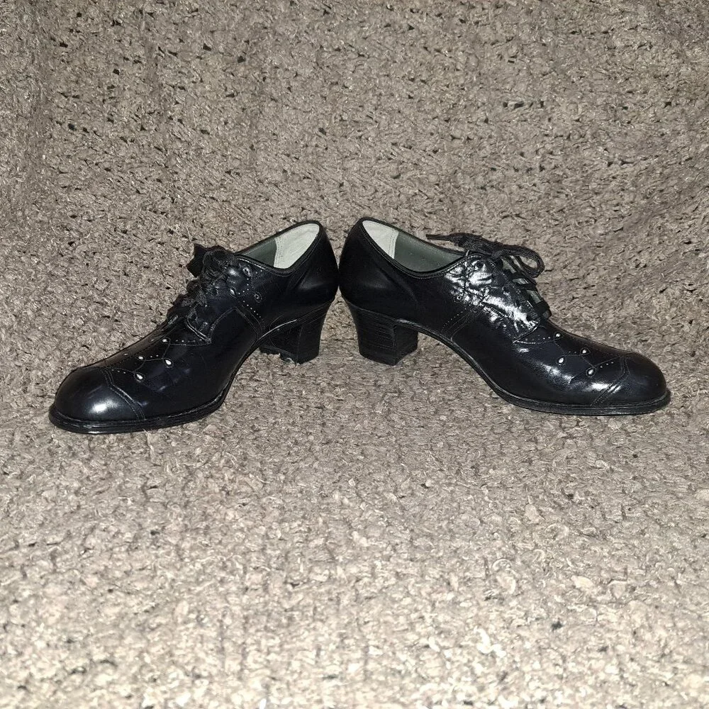 1940's Vintage-DR. SCHOLL'S-Black Leather Granny Heels-Cut-Outs-Sz 7-Near Mint - Picture 4 of 8